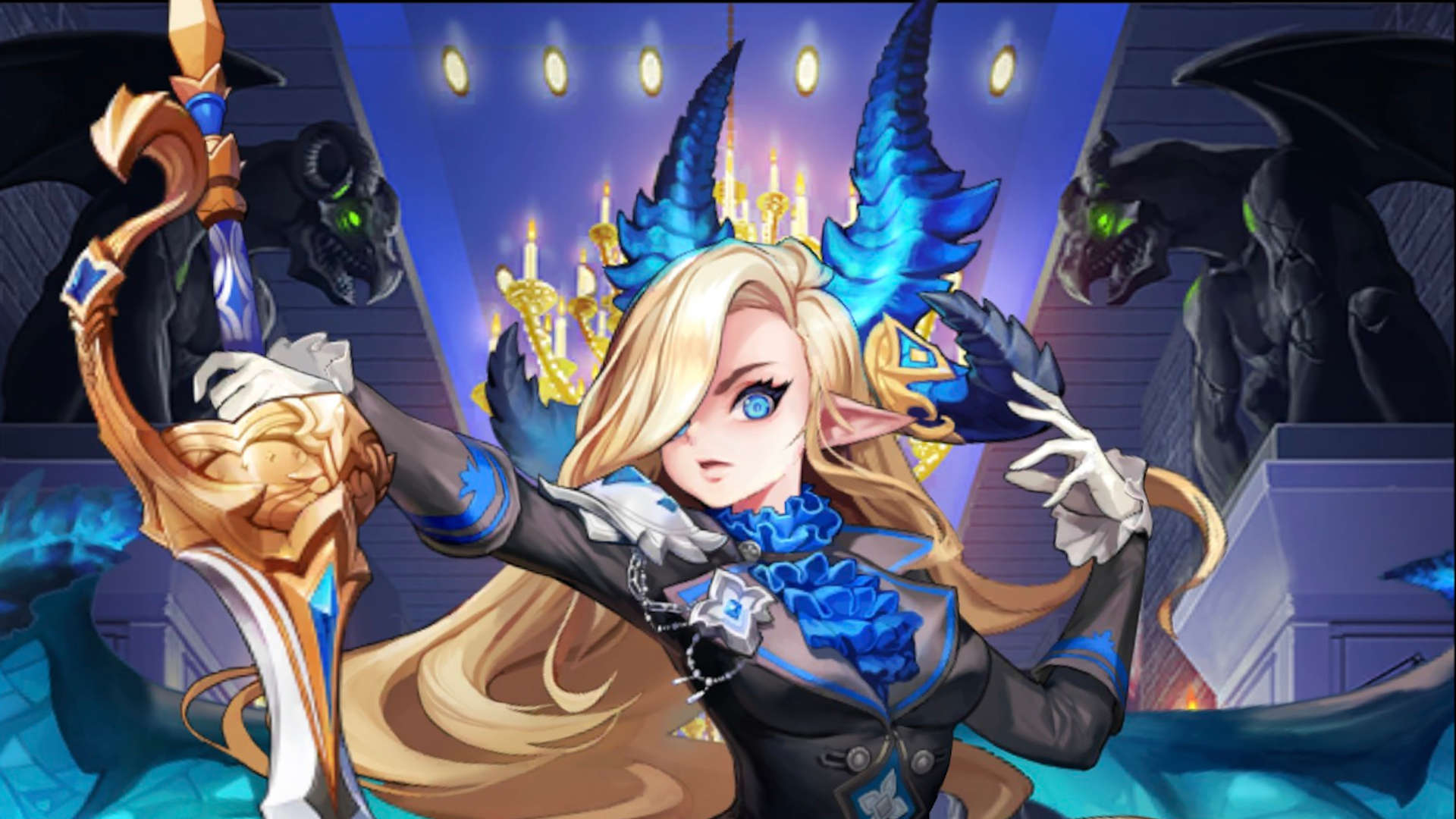 Best gacha games: Guardian Tales. Image shows a villainous anime lady in front of two gargoyles