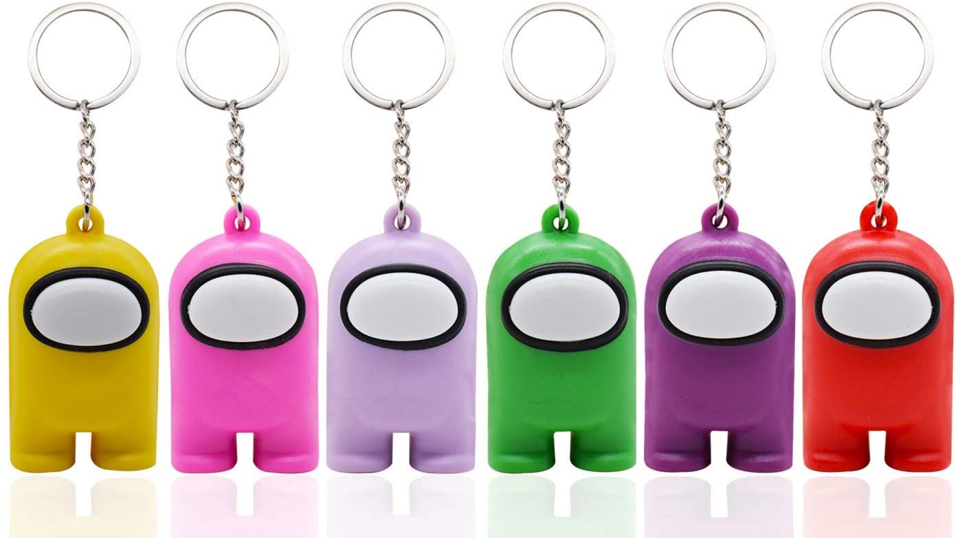 Among Us keyrings in yellow, light purple, green, purple, and red