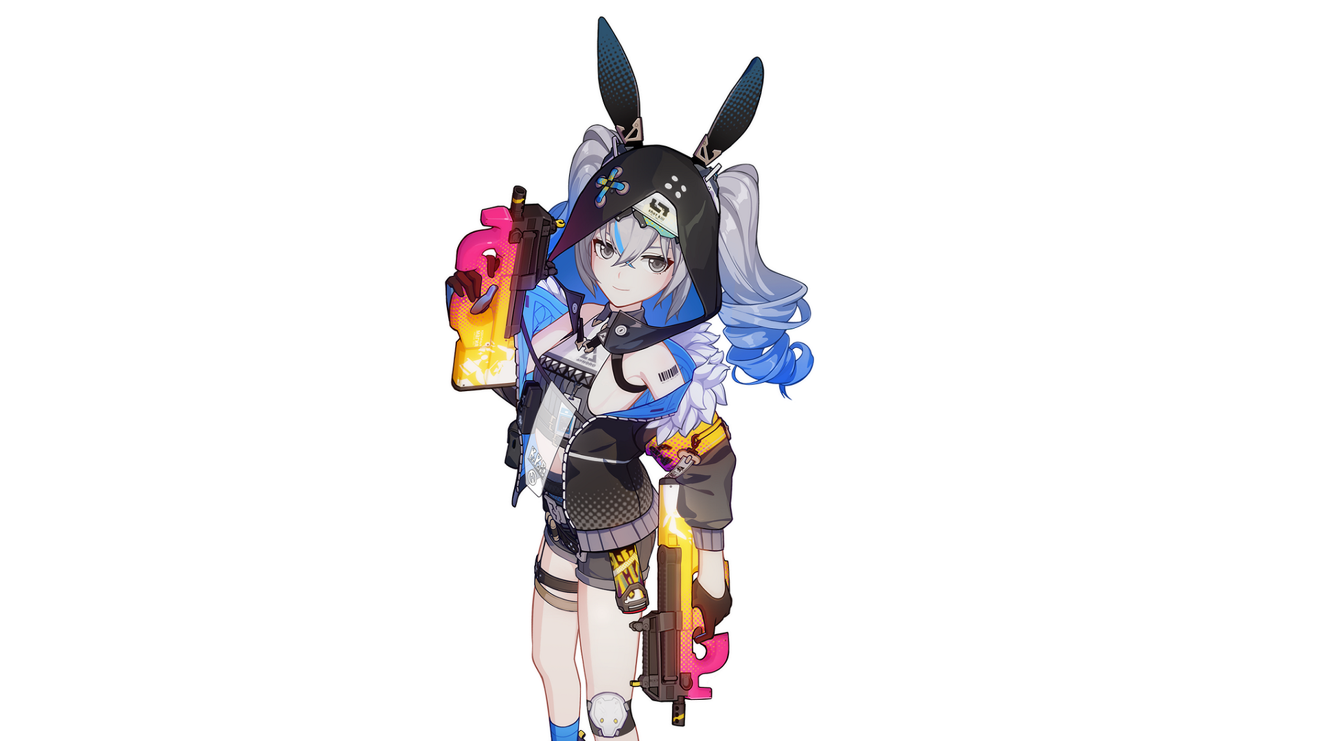 Honkai Impact's Bronya with bunny ears and two brightly colored guns