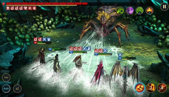 Best idle games on mobile: heroes battling a giant spider in Raid: Shadow Legends