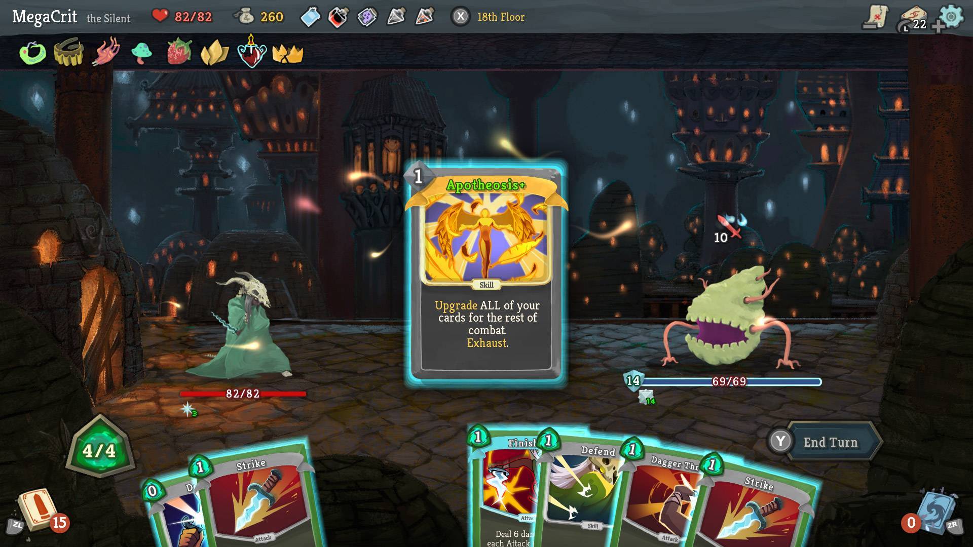 Two fantasy characters are battlign with adeck of cards visible in the middle 