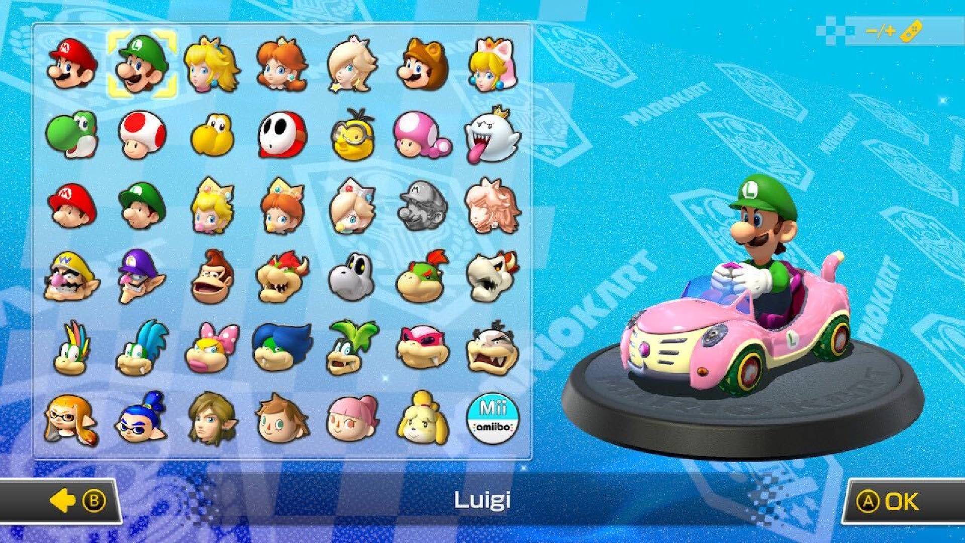 Luigi is visible on a character selection screen, sitting in a kart