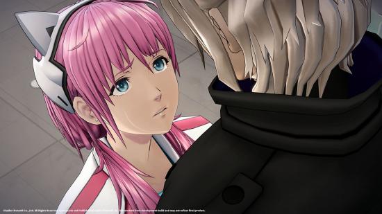 Visual novel games - a pink haired girl looks up at a blond man while crying