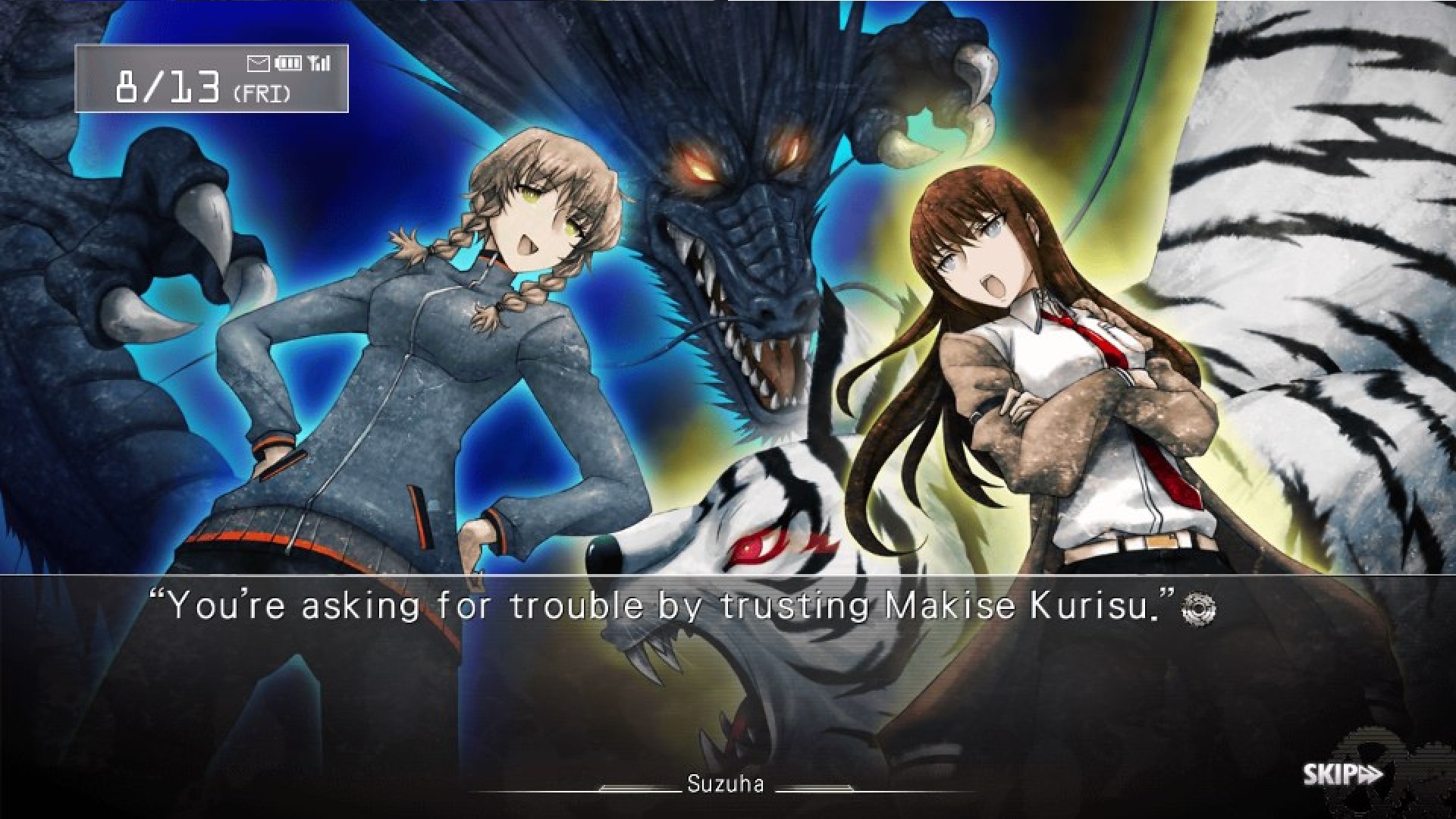 Visual novel games - two girls with a large dragon and white tiger behind them