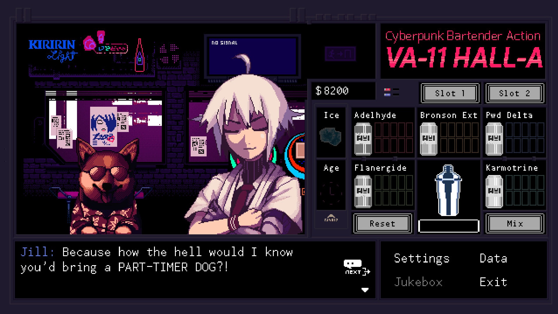 Visual novel games - a bartender named Kill sitting next to the shibe in sunglasses