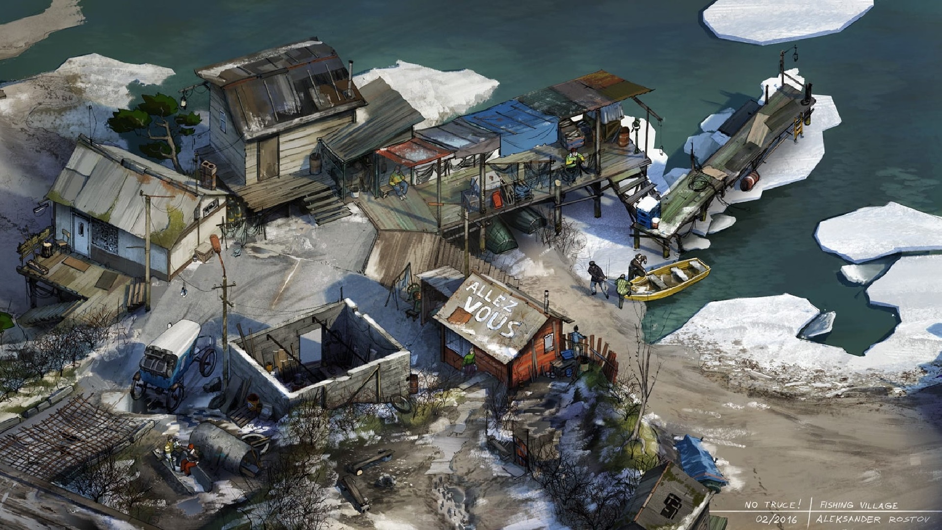 Visual novel games - A decrepit town next to a body of water covered in snow