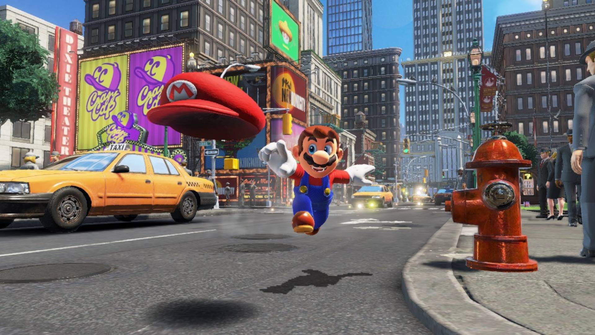 Mario jumps with glee through the streets of New Donk City while throwing Cappy forward