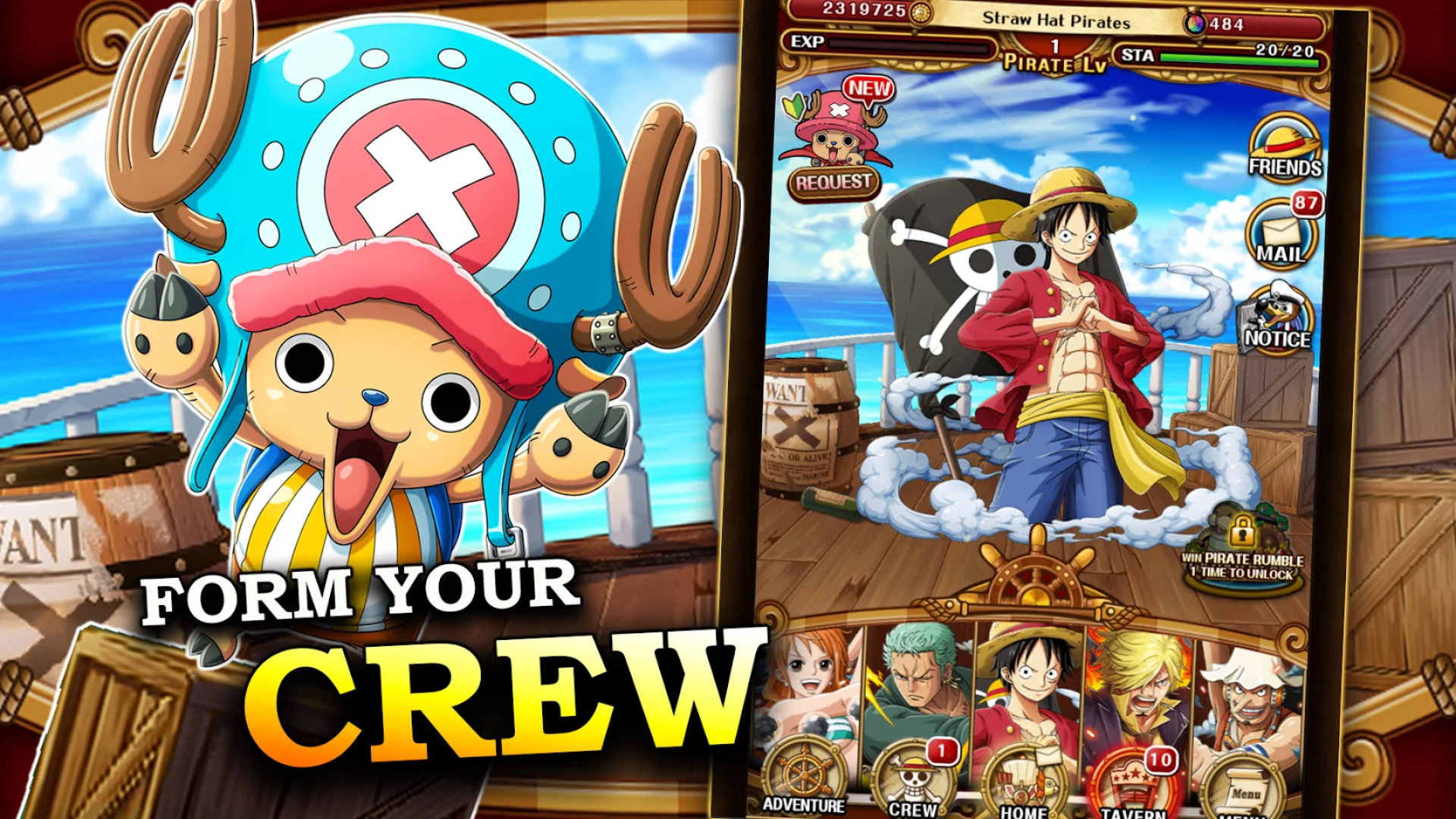 Best anime games: One Piece Treasure Cruise. Image shows a selection of One Piece characters and the text "form your crew".