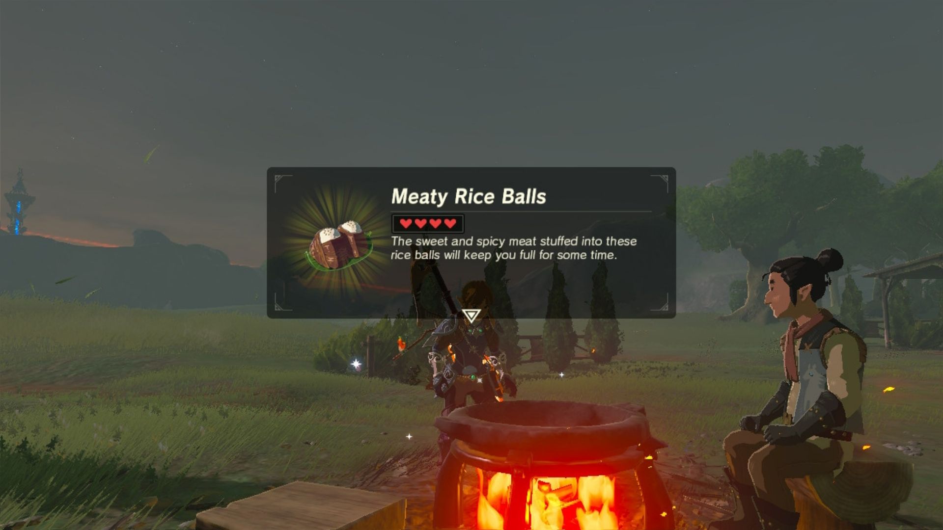 A picture of the BotW recipe for meaty rice balls.