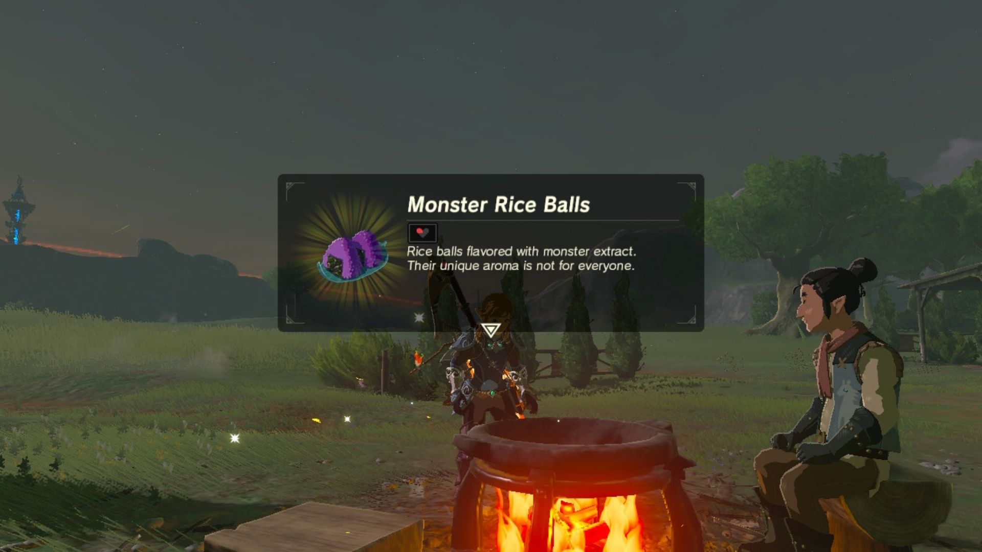 A picture of the BotW recipe for monster rice balls.