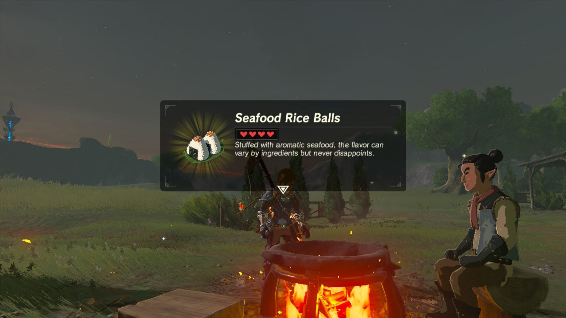 A picture of the BotW recipe for seafood rice balls.