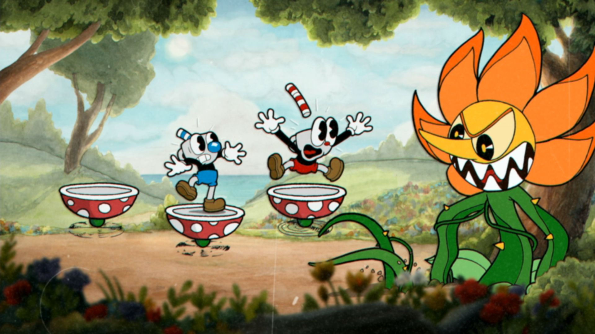 Two player Cuphead screenshot showing two characters going against an evil flower