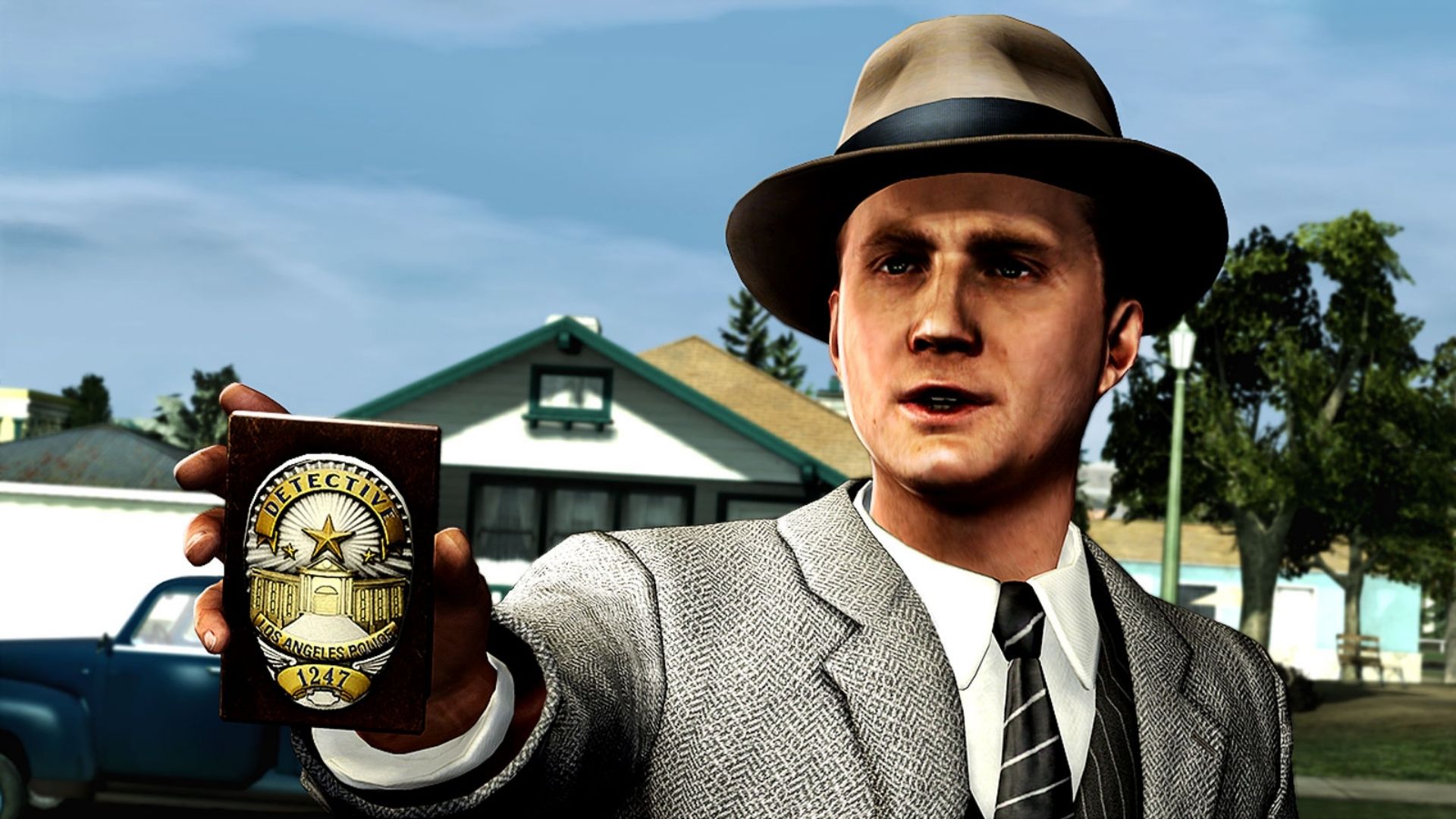 Cole Phelps holding his LAPD badge aloft in LA Noire