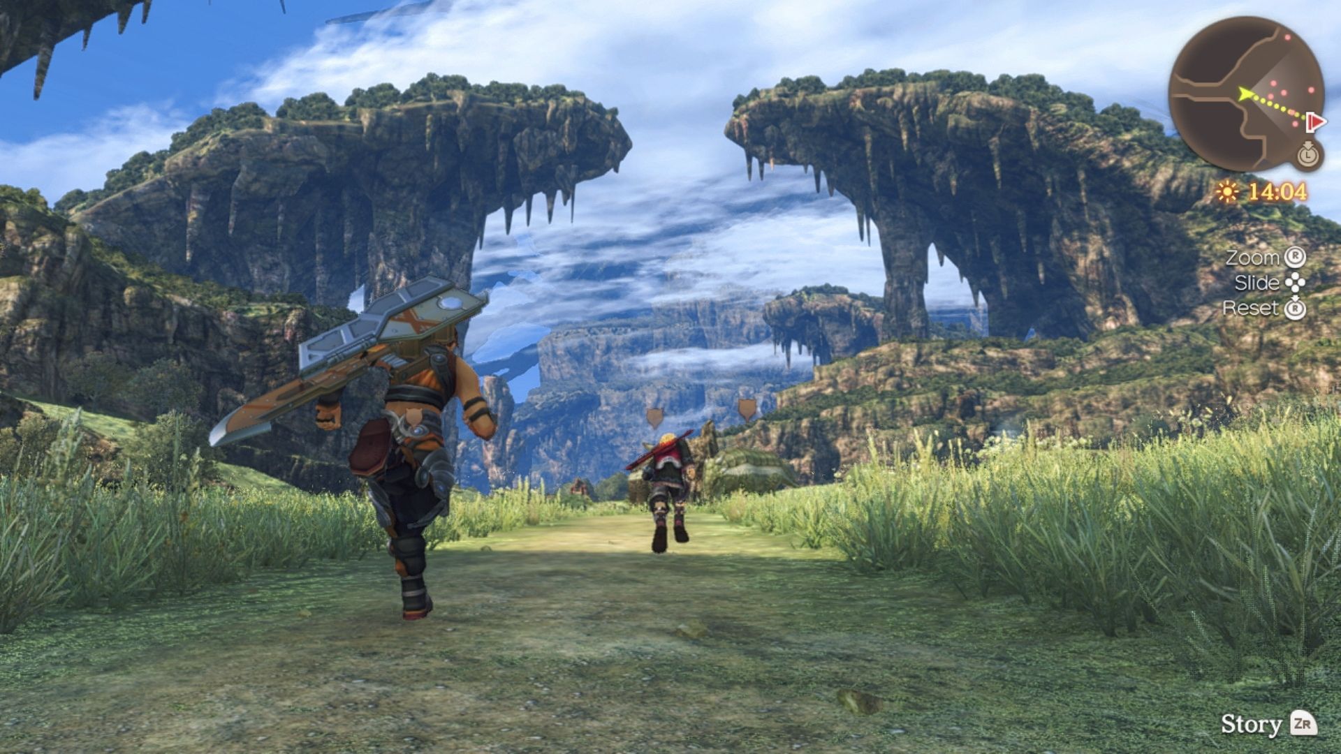 Shulk and Reyn from Xenoblade running through the Gaur Plain in Xenoblade Chronicles.