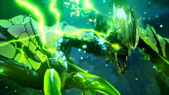 An imposing green wyvern crackles with electricity as they lunge forwards