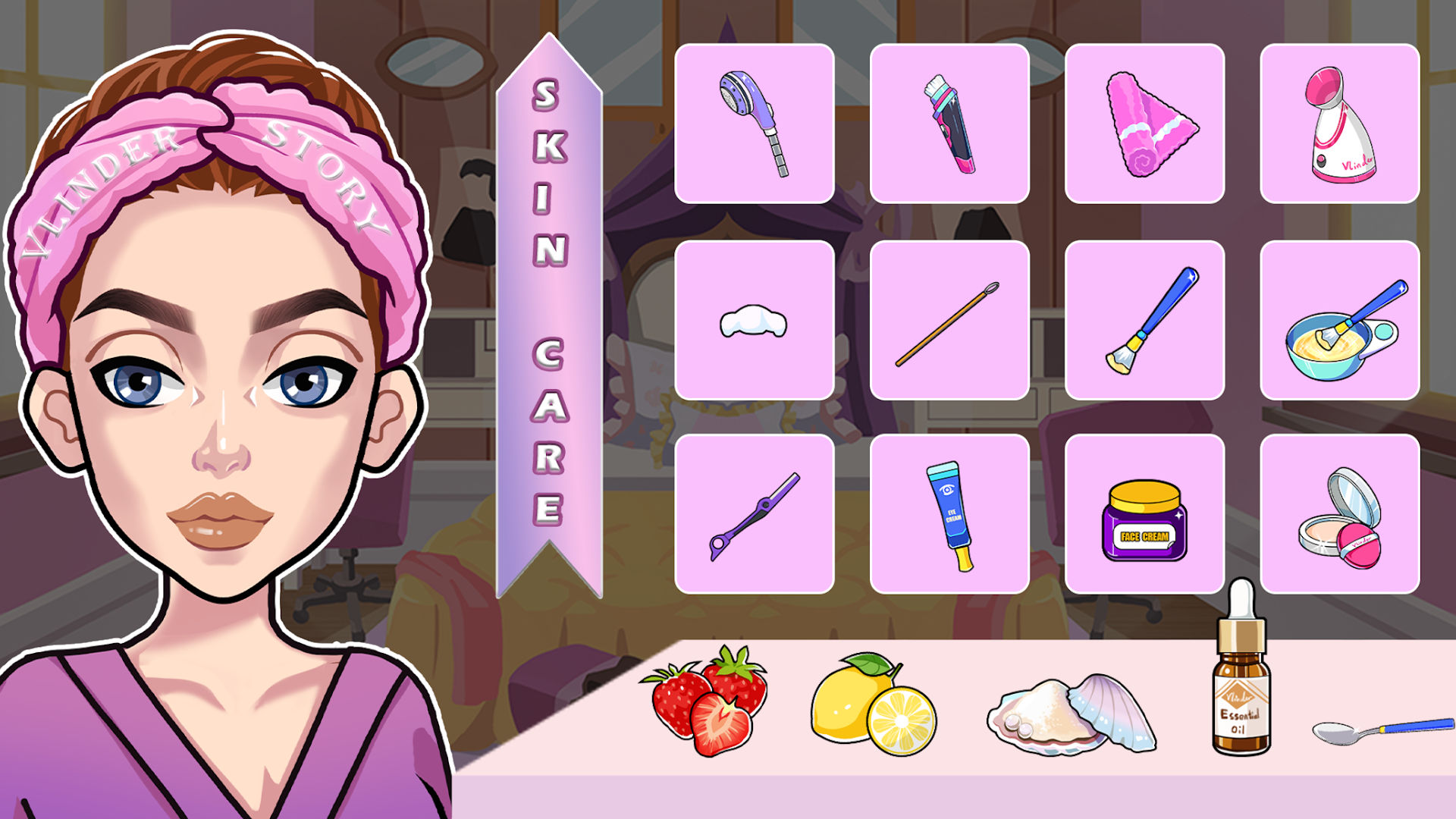 Games like Barbie; Vlinder Life screenshot showing a character putting on make up