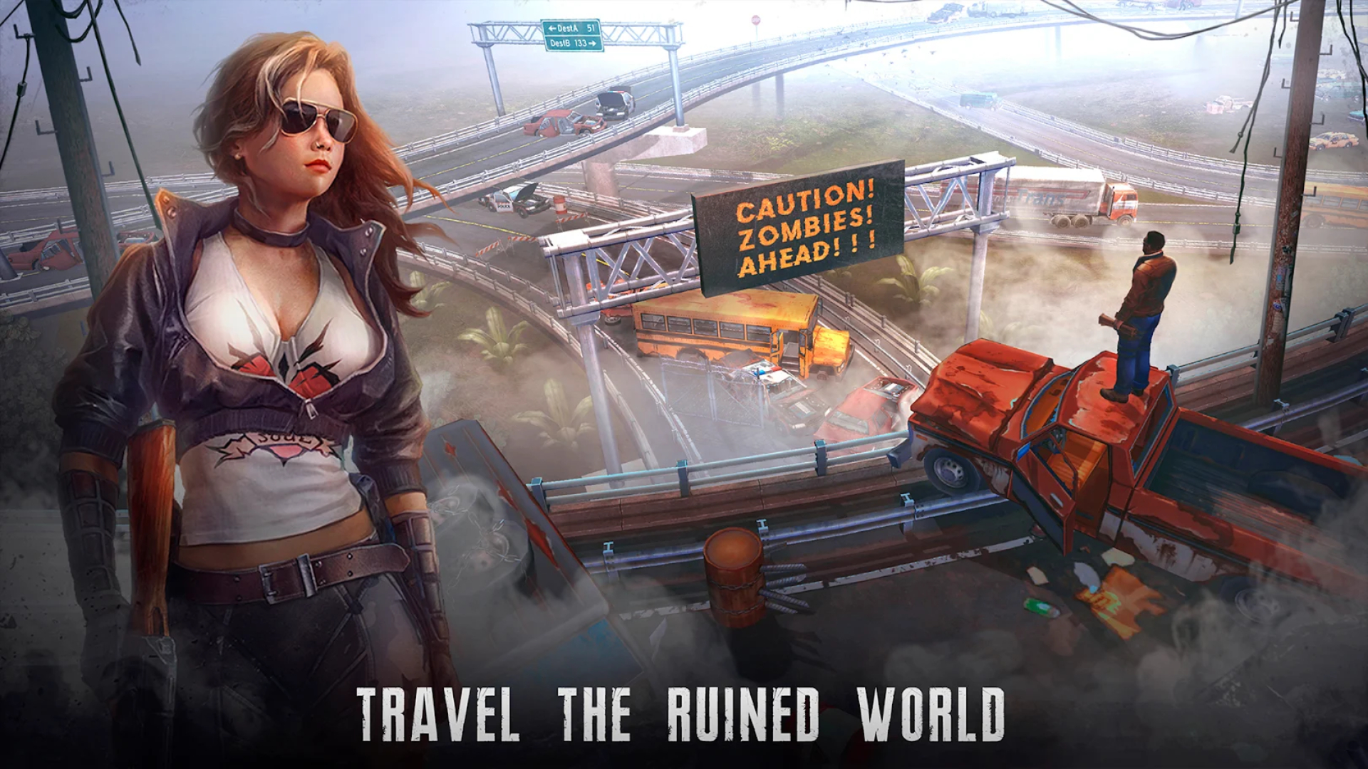 Best survival games on mobile: Live or Die. Image shows a picture of a lady in sunglasses near an abandoned freeway, with the text "travel the ruined world".