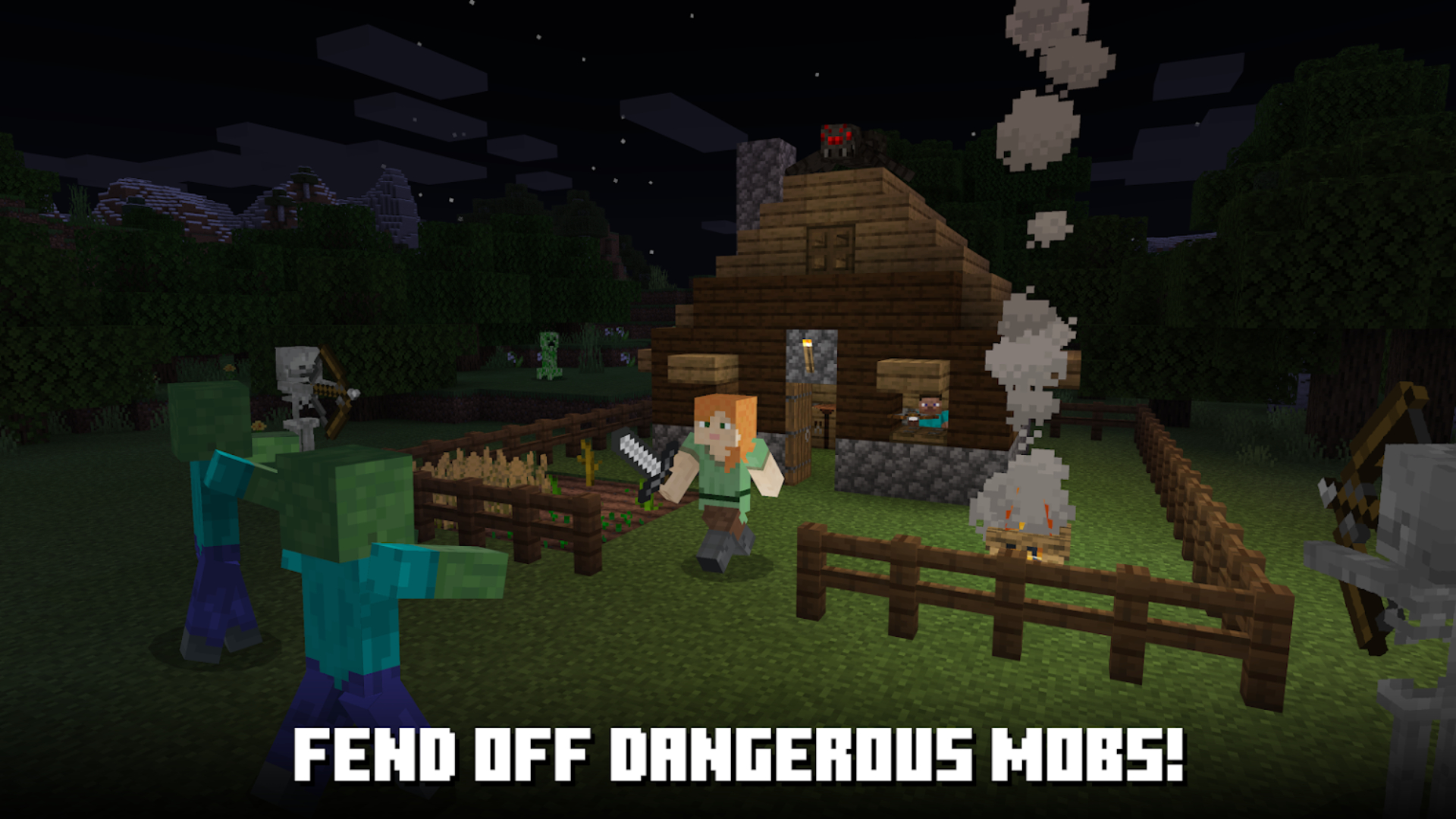 Best survival games on mobile: Minecraft. Image shows a character near a house at night. Zombies are approaching and text reads "Fend off dangerous mobs".