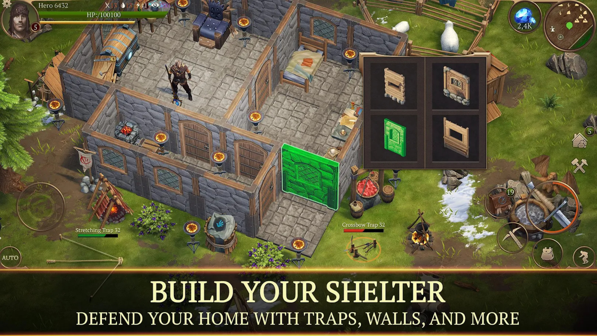 Survival games Stormfall: image shows a house being contructed. Text at the bottom of the screen reads "Build your shelter. Defend your home with traps, walls, and more."