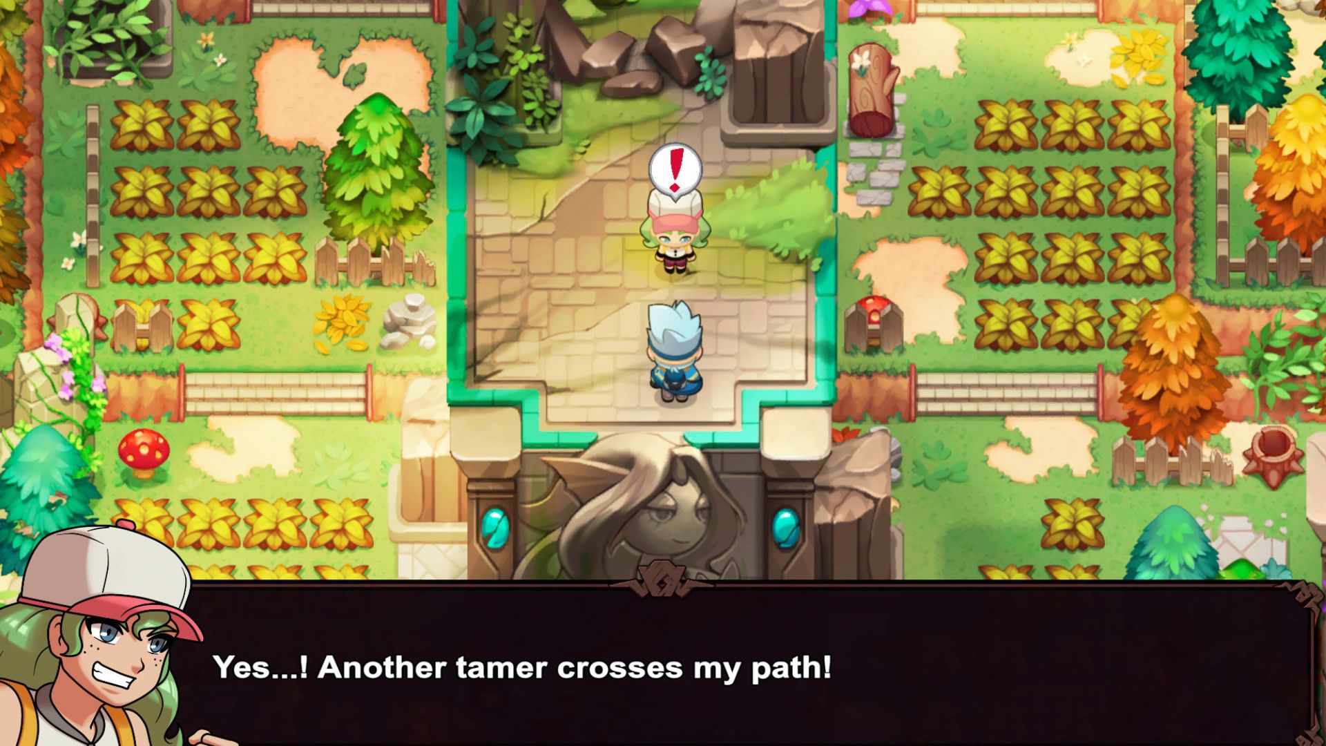 Best monster games: Nexomon Extinction. Image shows two tamers facing off in on a 2D overworked map full of grass and plants. One of them is saying "Yes... Another tamer has crossed my path!"