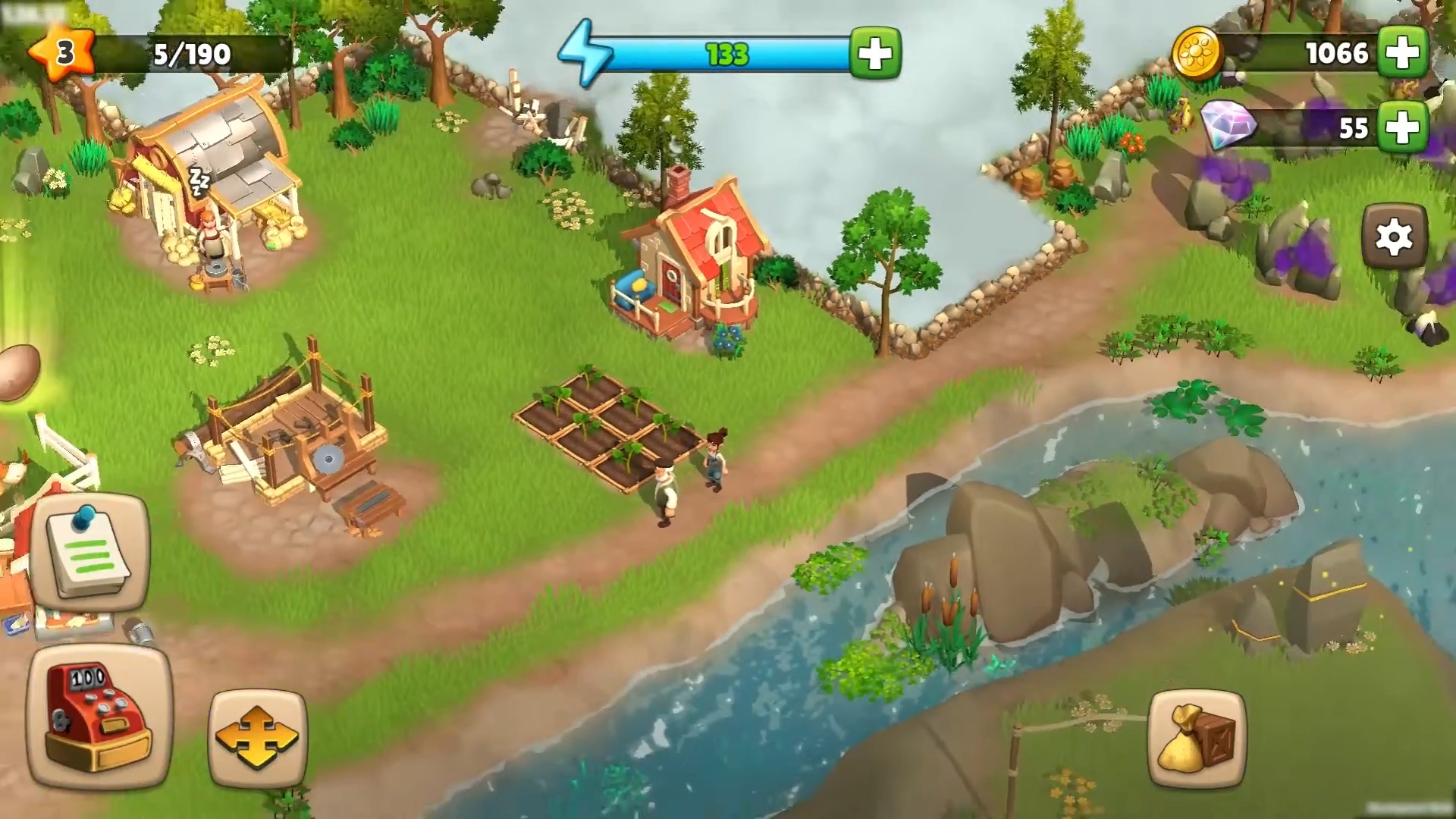 Relaxing games - Sunrise Village. A screenshot shows two people in an open farm area.