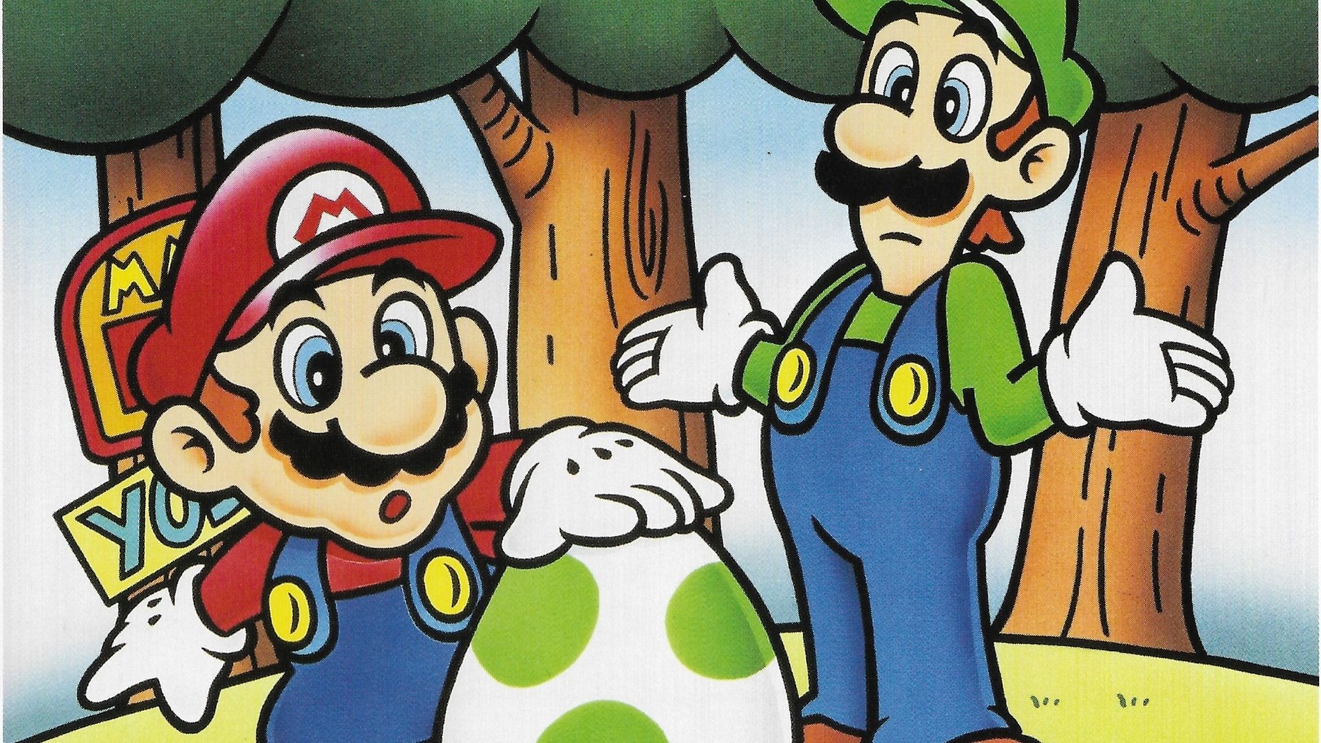 Mario and Luigi looking confused at a green-spotted egg in art for Super Mario World.