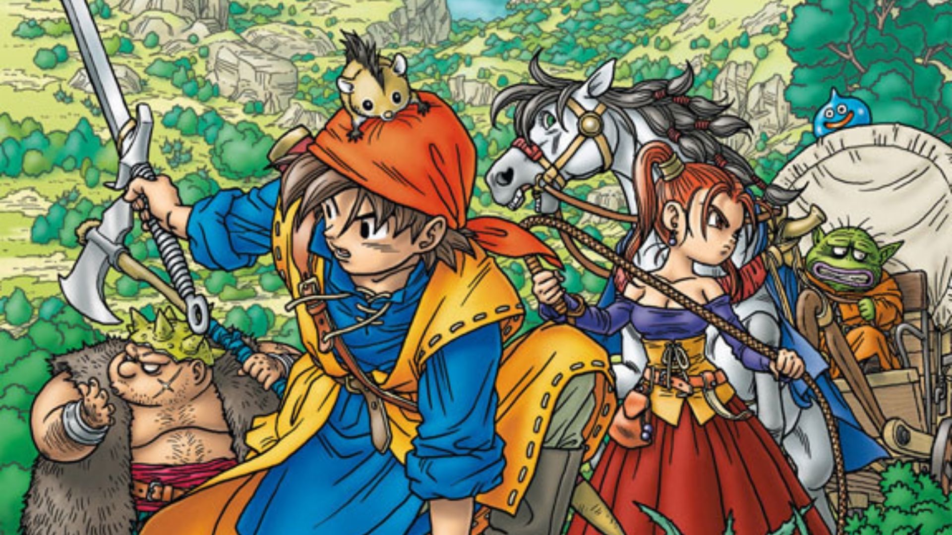 Art from Dragon Quest VIII, showing numerous characters in colourful clothing, with a horse behind them, in a bucolic setting.