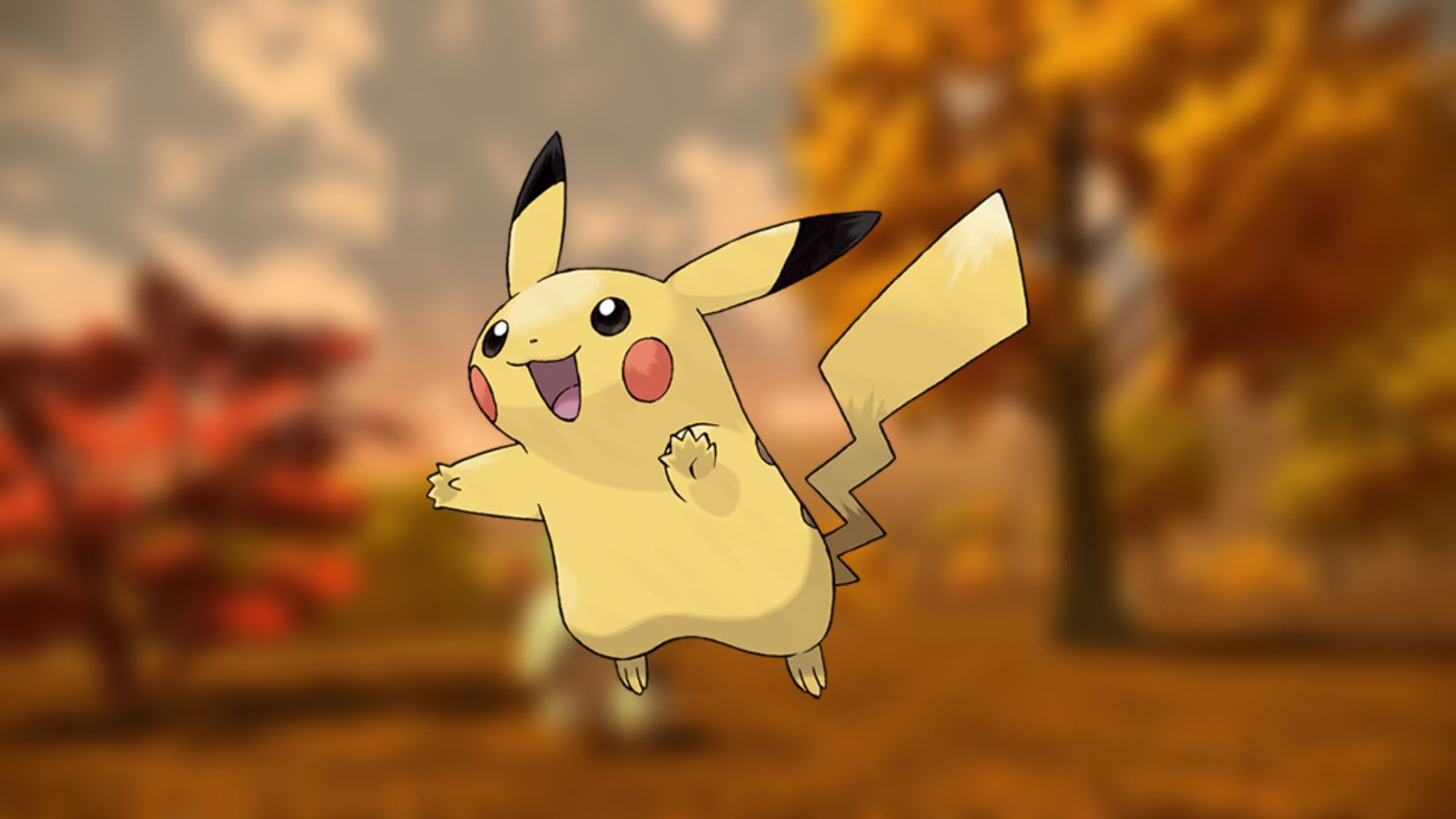 Cutest Pokémon - Pikachu. Its official artwork is over blurred scenery from Pokémon Legends: Arceus.