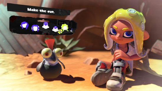 A long and thick Splatoon 3 hairstyle. Shown off by a character with grey shoes, yellow hair, sat in the desert with a cliff face behind them,and a small cute fish creature with an orange tuft of hair coming out the top of their head, and the menu options for choosing the hairstyle above.