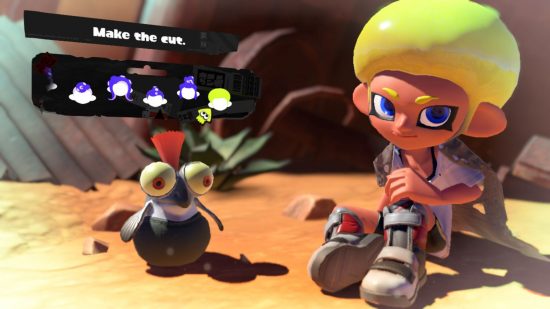 An afro Splatoon 3 hairstyle. Shown off by a character with grey shoes, yellow hair, sat in the desert with a cliff face behind them,and a small cute fish creature with an orange tuft of hair coming out the top of their head, and the menu options for choosing the hairstyle above.