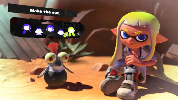 A long Splatoon 3 hairstyle. Shown off by a character with grey shoes, yellow hair, sat in the desert with a cliff face behind them,and a small cute fish creature with an orange tuft of hair coming out the top of their head, and the menu options for choosing the hairstyle above.