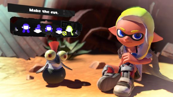 A long and shaved-side Splatoon 3 hairstyle. Shown off by a character with grey shoes, yellow hair, sat in the desert with a cliff face behind them,and a small cute fish creature with an orange tuft of hair coming out the top of their head, and the menu options for choosing the hairstyle above.