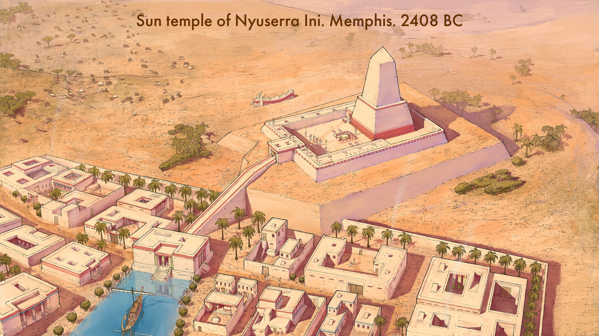 Best mobile strategy games: Egypt: Old Kingdom. Image shows an Ancient Egyptian settlement, with text that reads "Sun temple of Nyuserra Ini. Memphis. 2408 BC"