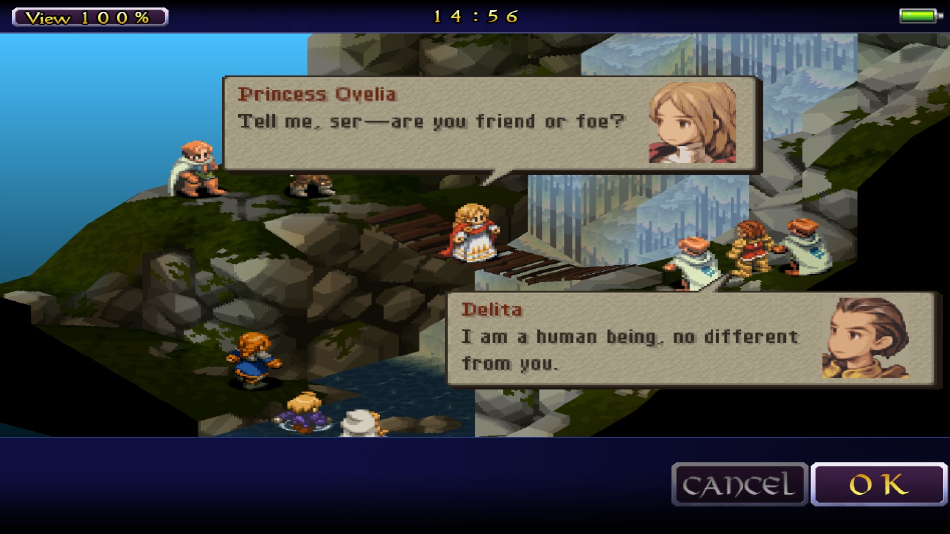 Best mobile strategy games: Final Fantasy Tactics: War of the Lions. Characters are standing around a waterfall bridge. The character Princess Ovelia is saying "Tell me, ser - are you friend or foe?" and the character Delita is responding "I am a human being, no different from you."