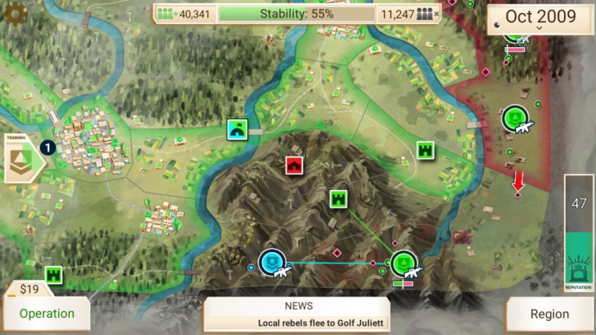 Best mobile strategy games: Rebel Inc. Image shows a map of countryside, fields, mountains, and a river.