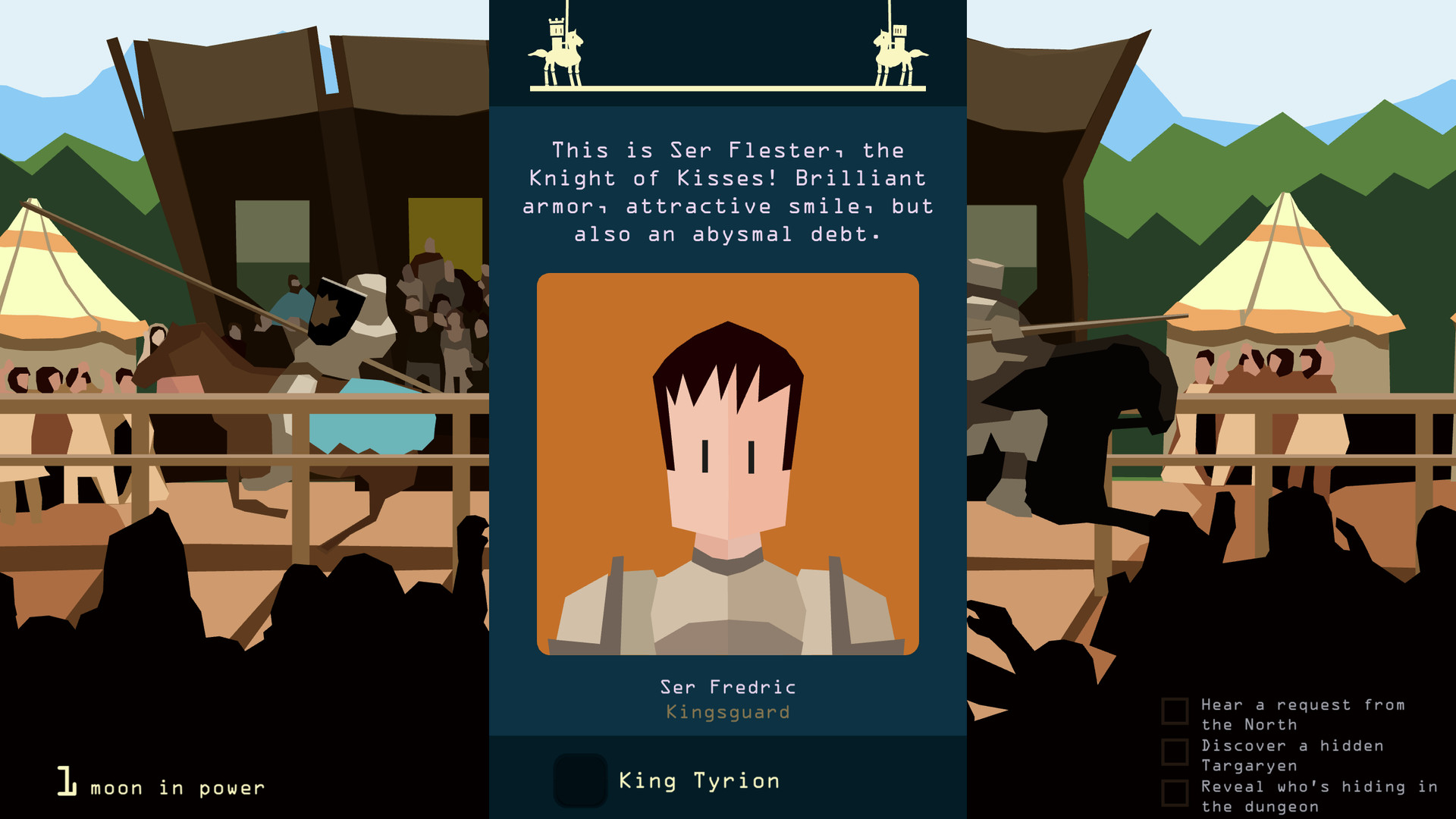 Best mobile strategy games: Reigns: Game of Thrones. Image shows a picture of a man in armour with short hair, text reads "This is Ser Flester, the Knight of Kisses! Brillaint armor, attractive smile, but also an abysmal debt."