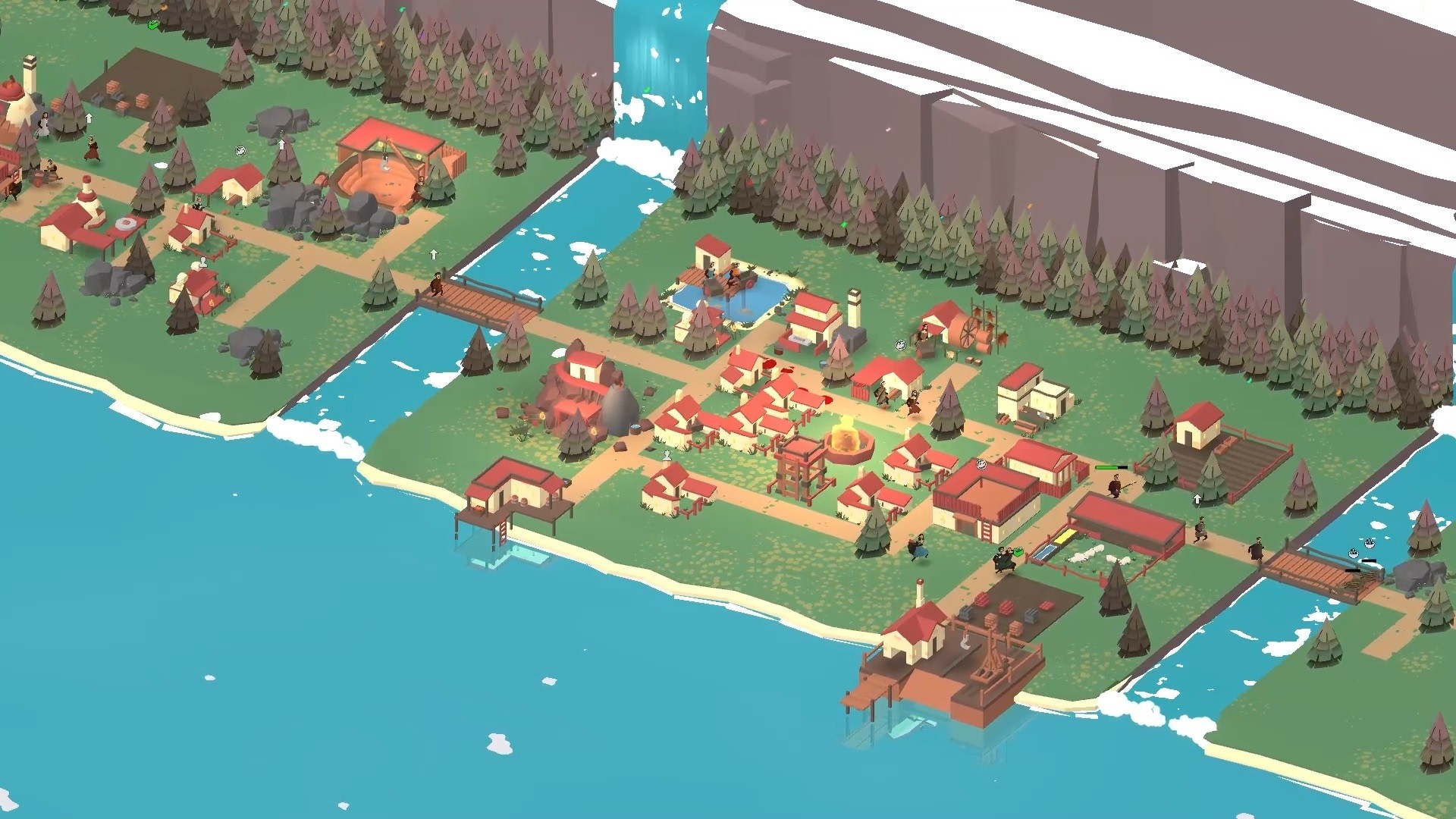 Best mobile strategy games: The Bonfire 2. Image shows a settlement beside a river, with waterfalls flowing beside it.