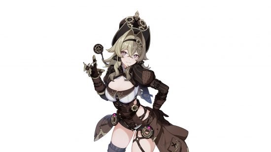 Honkai Impactcharacters: A woman in a pirate outfit holds her hand up and looks toward the camera