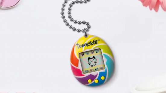 Promo art of a colour swirl original Tamagotchi