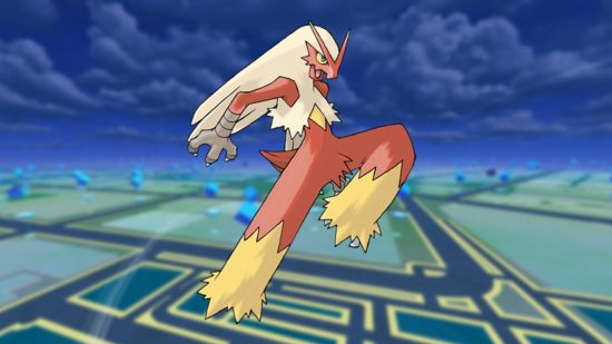 The best fighting Pokemon Blaziken on a Pokemon GO map background