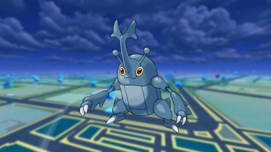 The best fighting Pokemon Heracross on a Pokemon GO map background