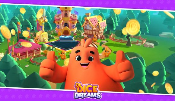 Addictive games: Dice Dreams. Image shows a happy peon in front of its kingdom, with the Dice Dreams logo below.