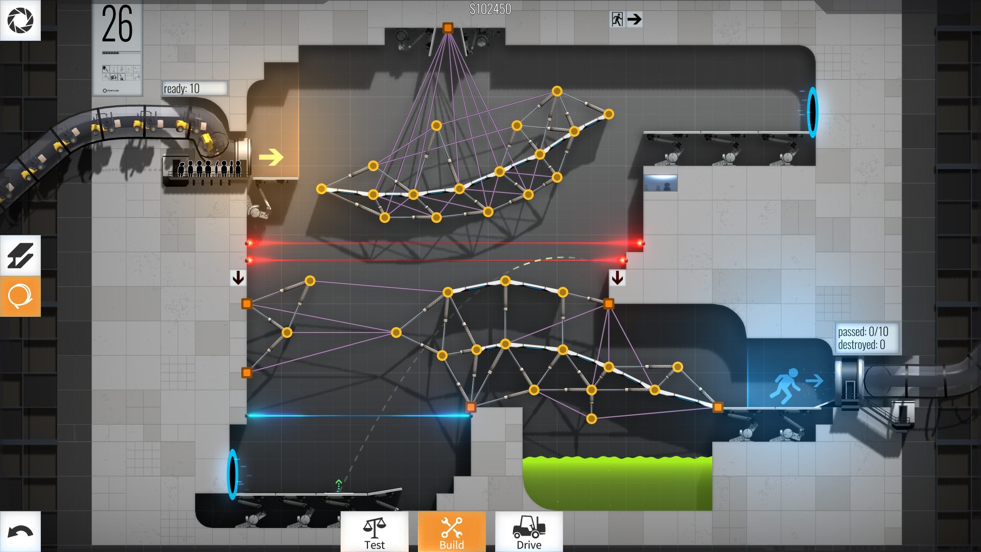 Best mobile puzzle games: Bridge Constructor Portal. Image shows various bridges within Aperture Science.