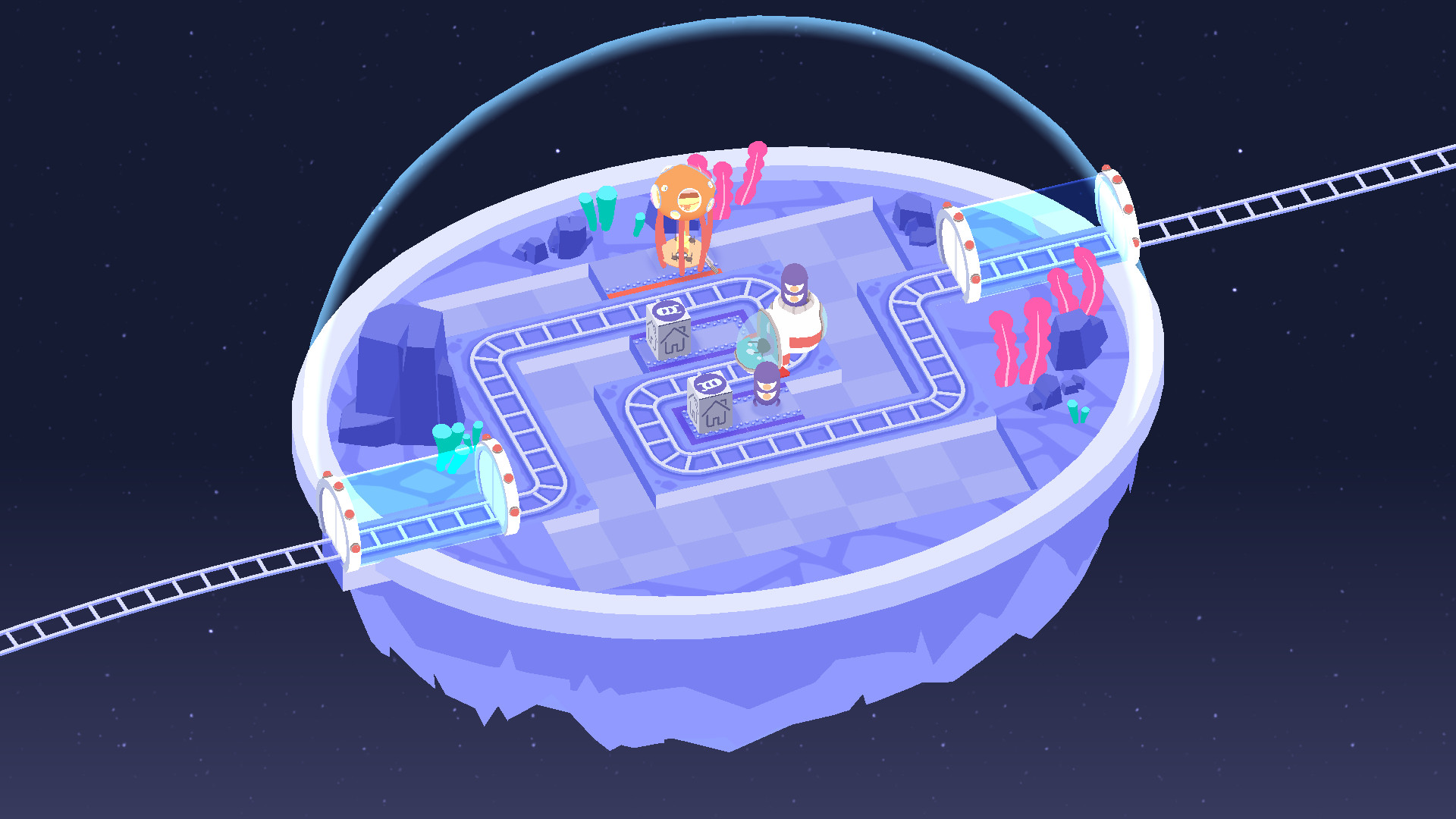 Best mobile puzzle games: Cosmic Express. Image shows a train passing through a space station on an asteroid.