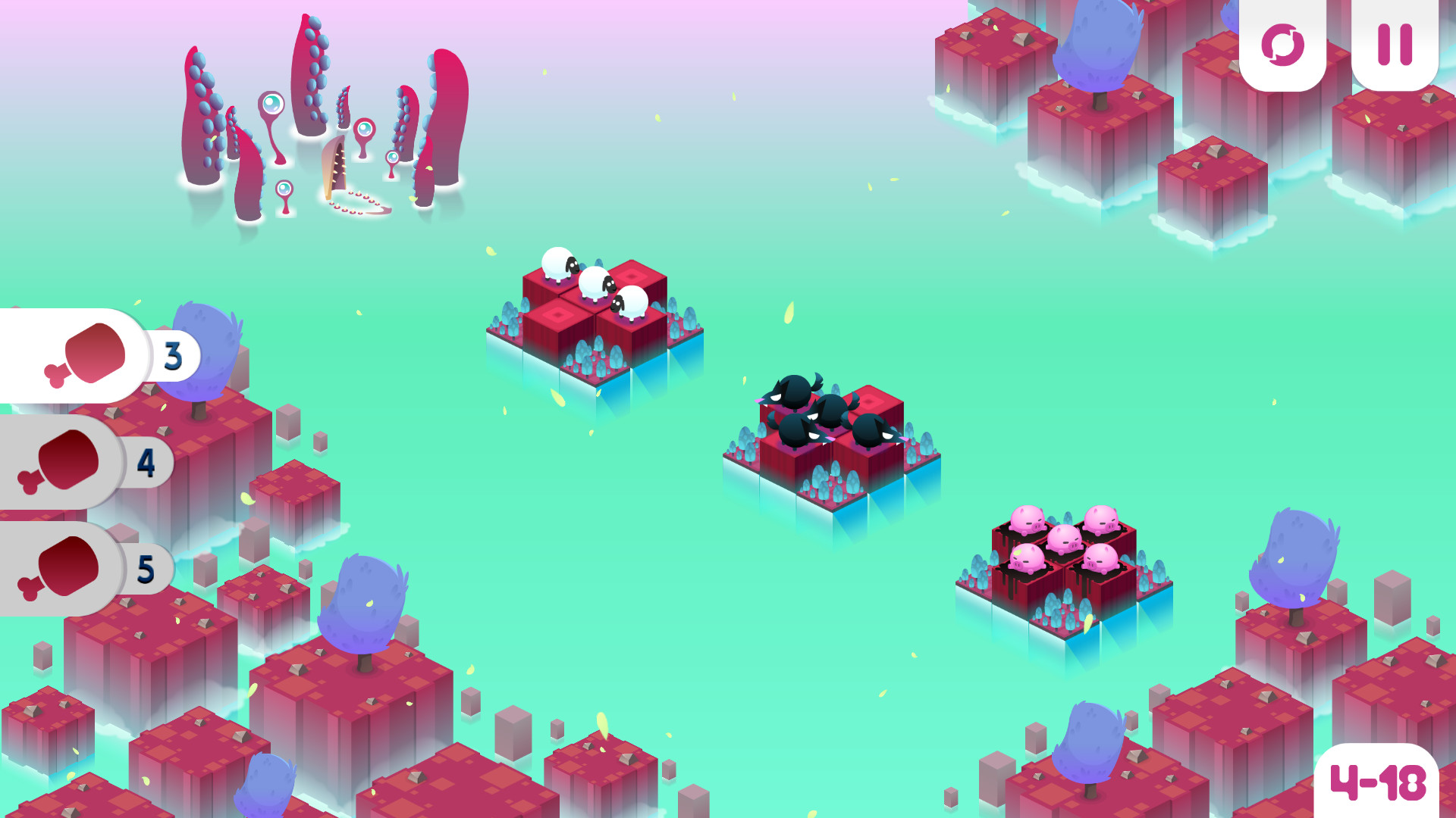 Best mobile puzzle games: Divide by Sheep. Image shows a number of sheep and pigs standing on floating blocks.