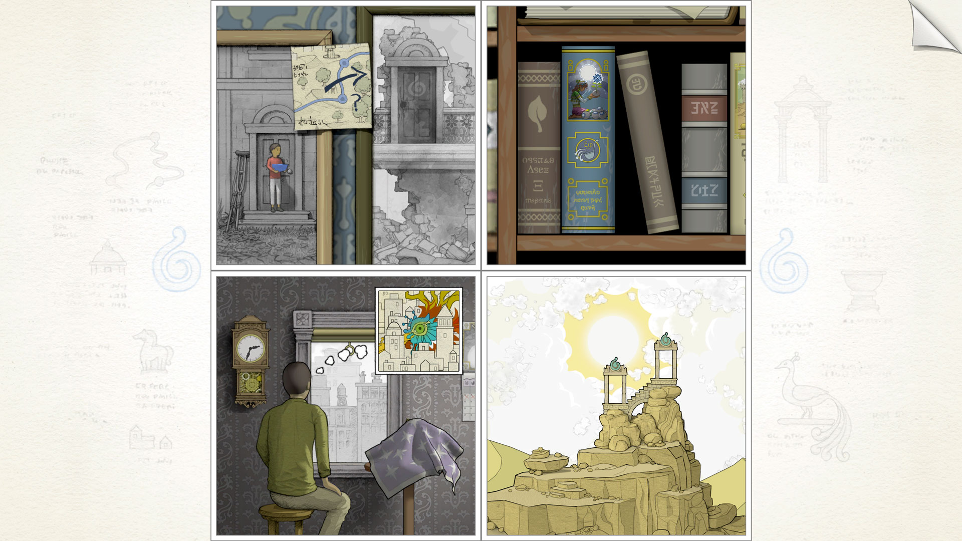 Best mobile puzzle games: Gorogoa. Image shows four quaint images - one shows a bookshelf, one shows pictures on a wall, one shows a person looking out of the window, and a final one shows old arches on a mountain.