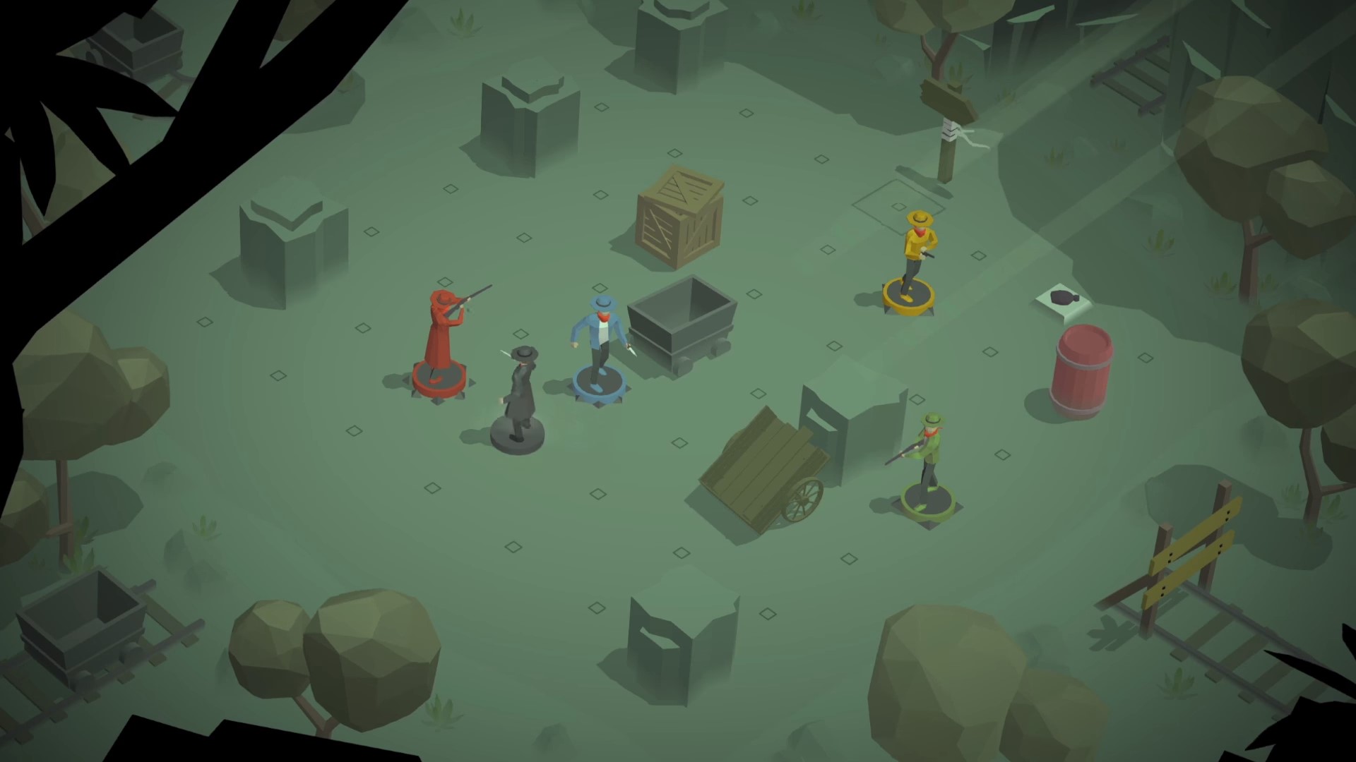 Best mobile puzzle games: Infinite West. Image shows a bunch of wild west outlaws about to shoot it out in a desert.