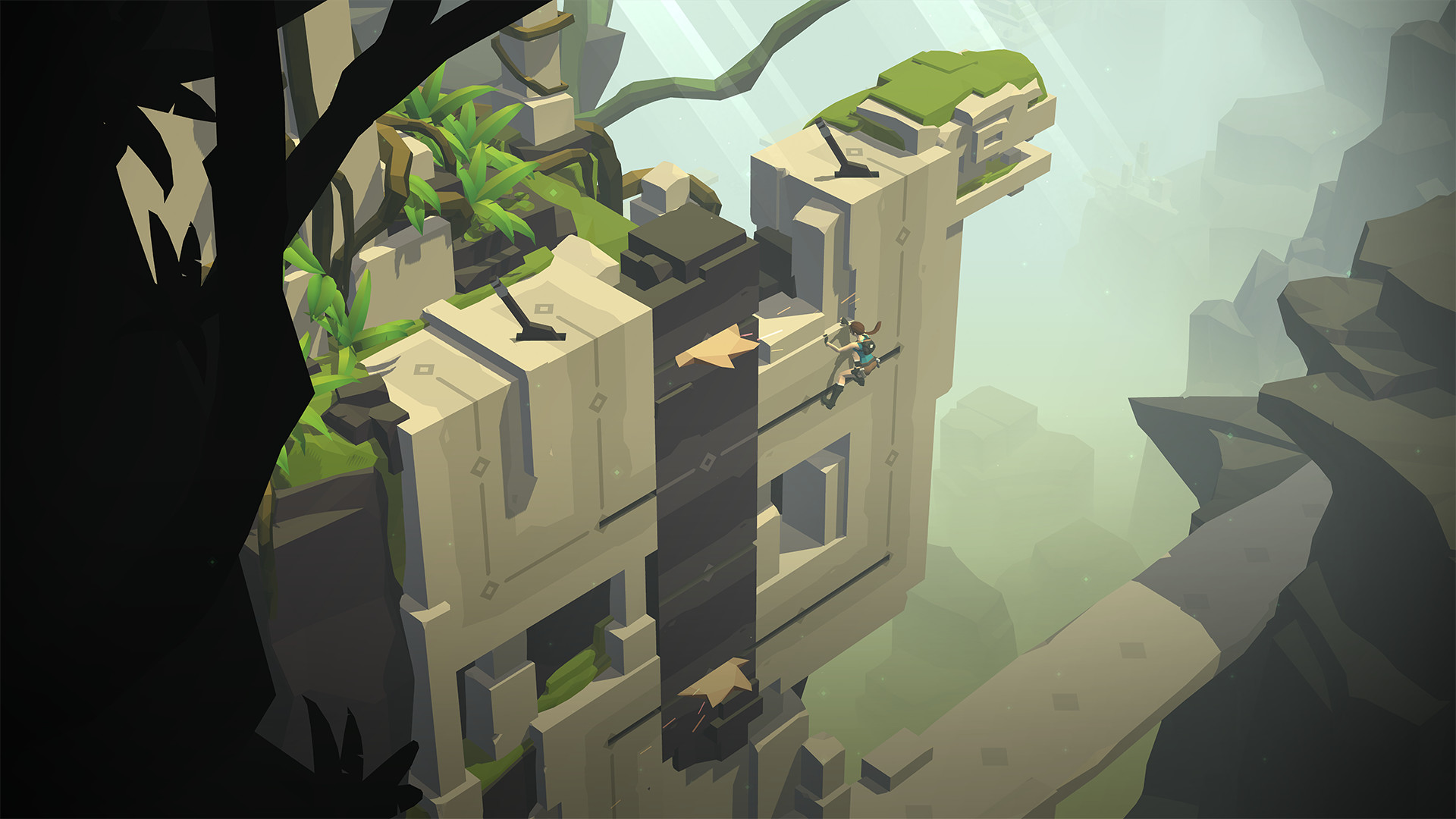 Best mobile puzzle games: Lara Croft Go. Image shows Lara Croft climbing on ancient ruins.