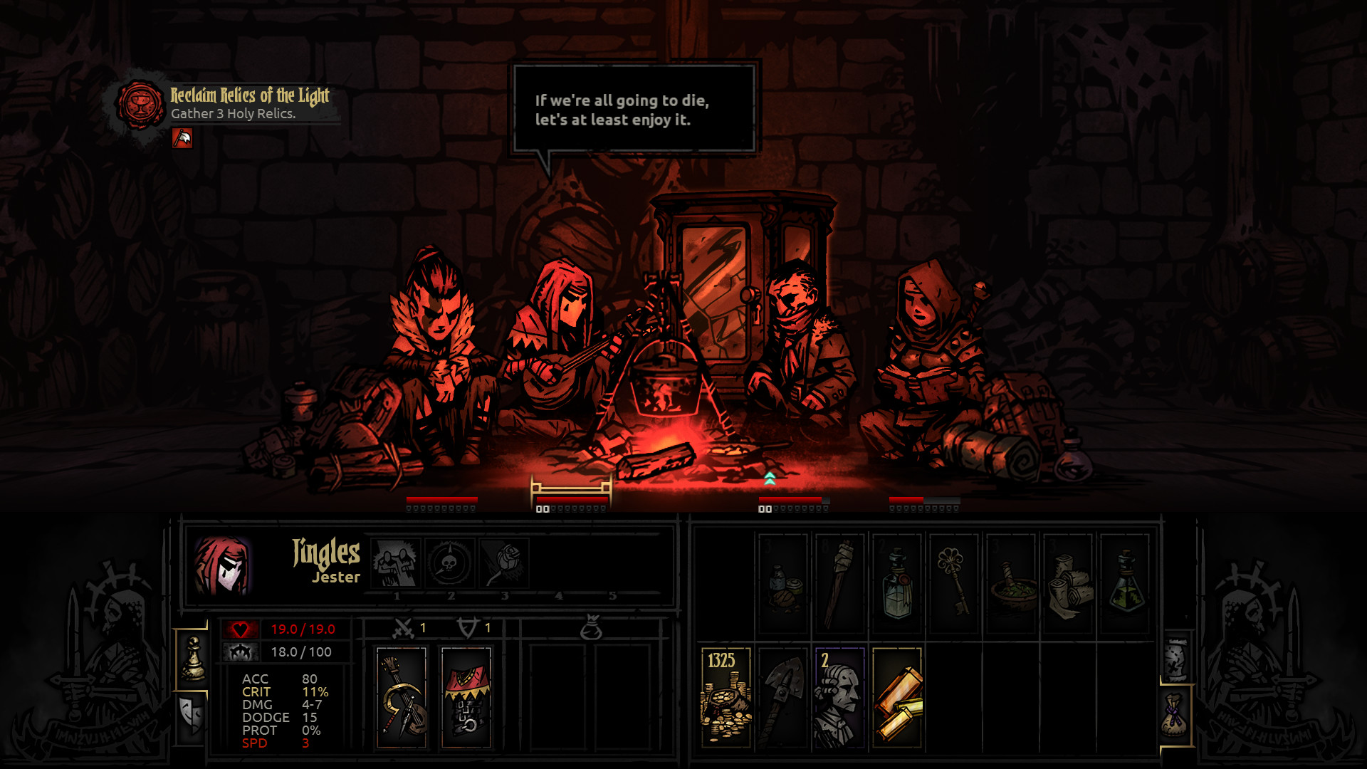 Best mobile RPGs: Darkest Dungeon. Image shows a group of characters sitting around a fire.