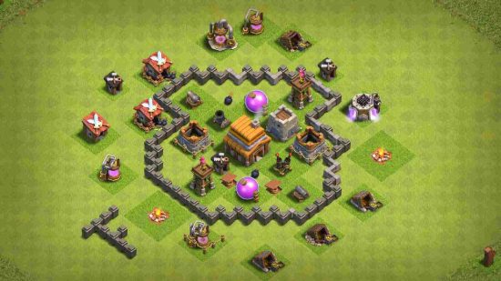 Clash of Clans bases: a screenshot from the game Clash of Clans shows a series of building and fortreses